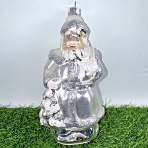 Vintage Blown Glass Santa Ornament White Silver Glitter Large 8" Christmas